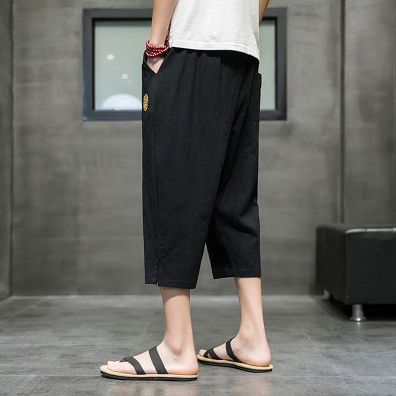 Summer Men's Linen Drawstring Cropped Pants With Pockets