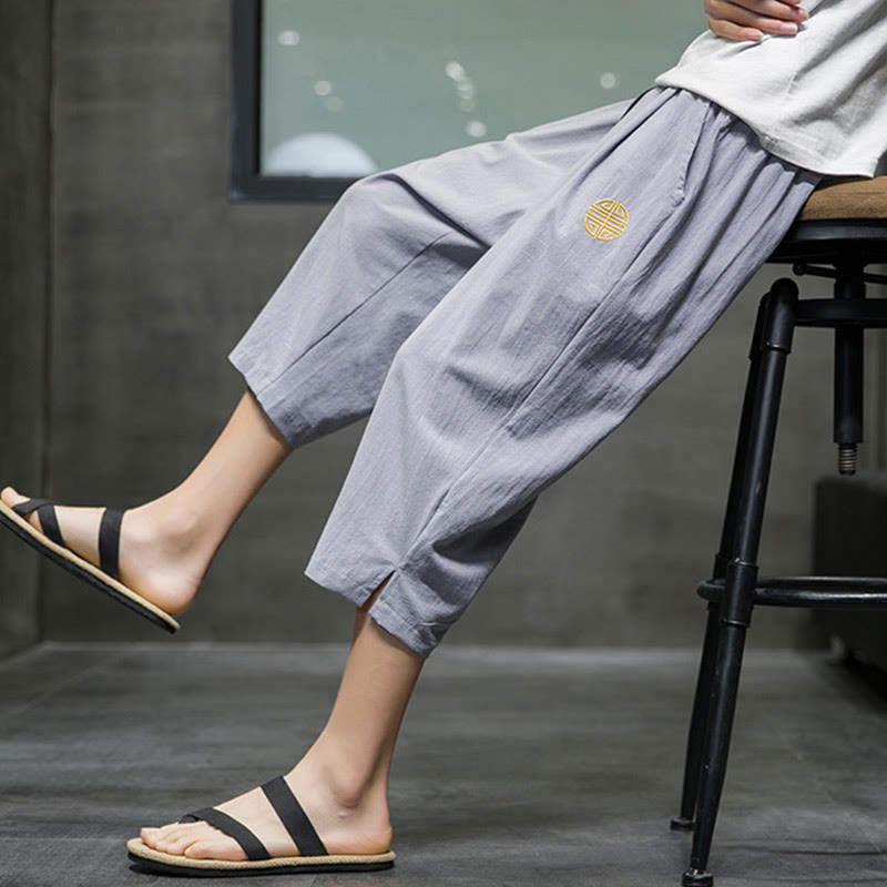 Summer Men's Linen Drawstring Cropped Pants With Pockets
