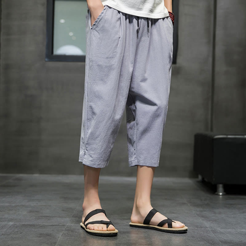 Summer Men's Linen Drawstring Cropped Pants With Pockets