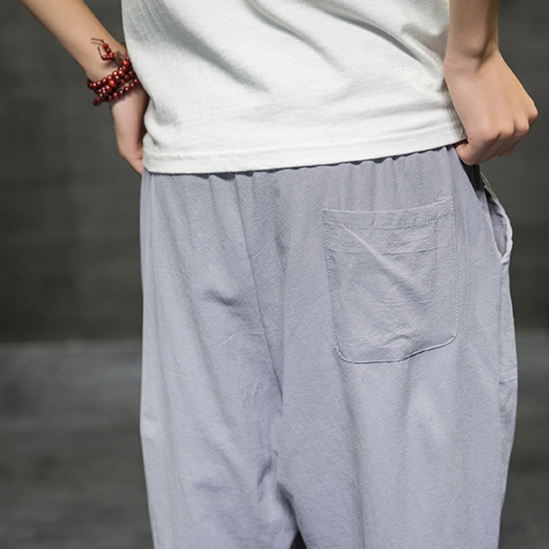 Summer Men's Linen Drawstring Cropped Pants With Pockets