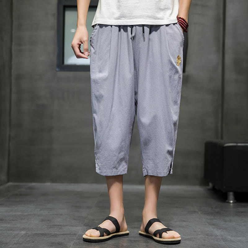 Summer Men's Linen Drawstring Cropped Pants With Pockets