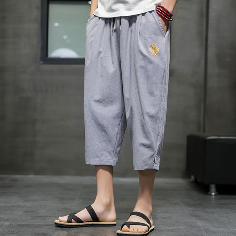 Summer Men's Linen Drawstring Cropped Pants With Pockets