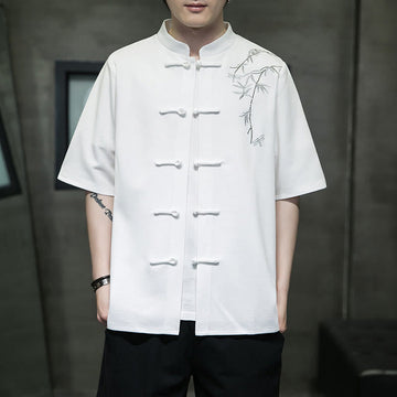 Frog-Button Leaf Dragonfly Embroidery Men's Short Sleeve Shirt