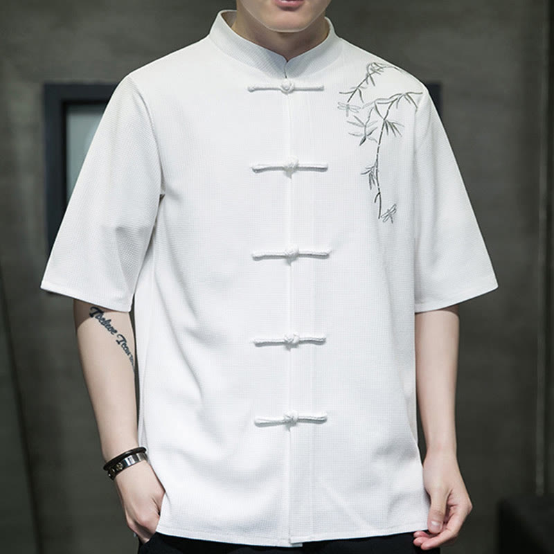 Frog-Button Leaf Dragonfly Embroidery Men's Short Sleeve Shirt