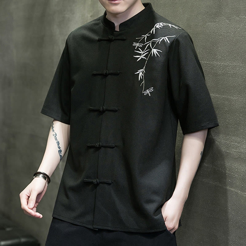 Frog-Button Leaf Dragonfly Embroidery Men's Short Sleeve Shirt