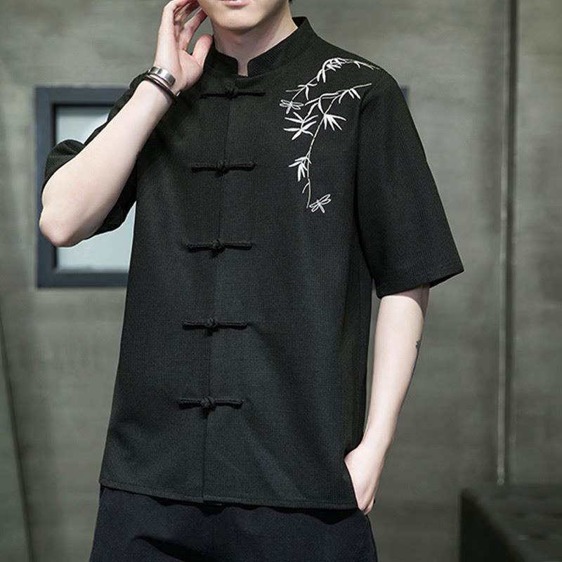Frog-Button Leaf Dragonfly Embroidery Men's Short Sleeve Shirt