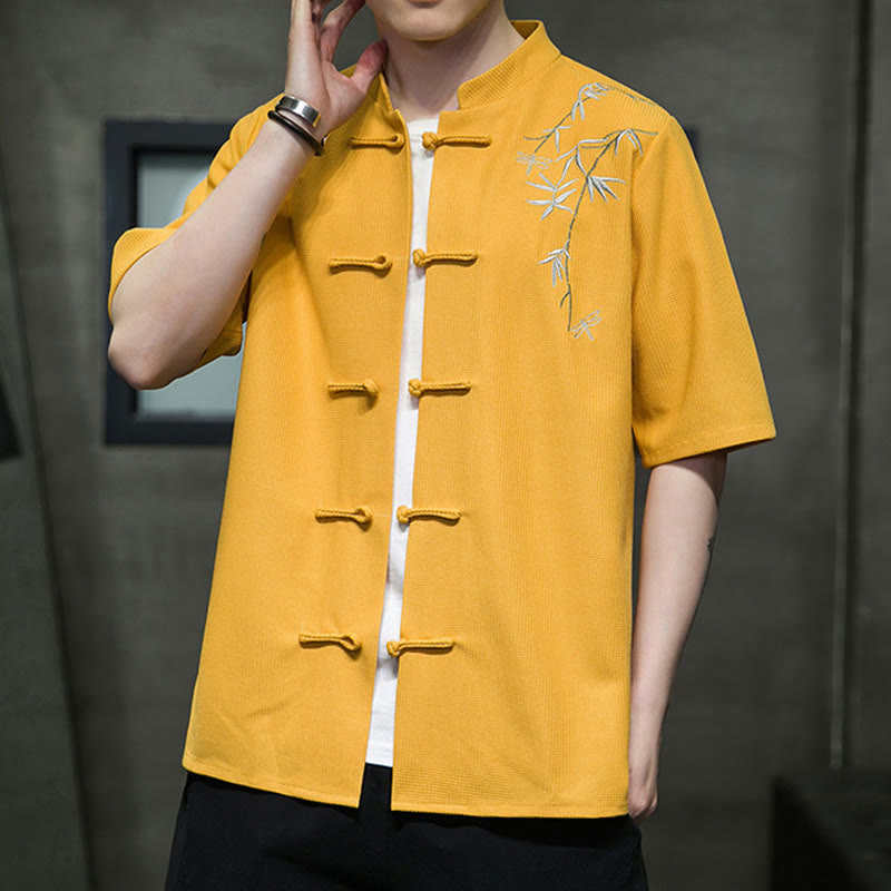 Frog-Button Leaf Dragonfly Embroidery Men's Short Sleeve Shirt