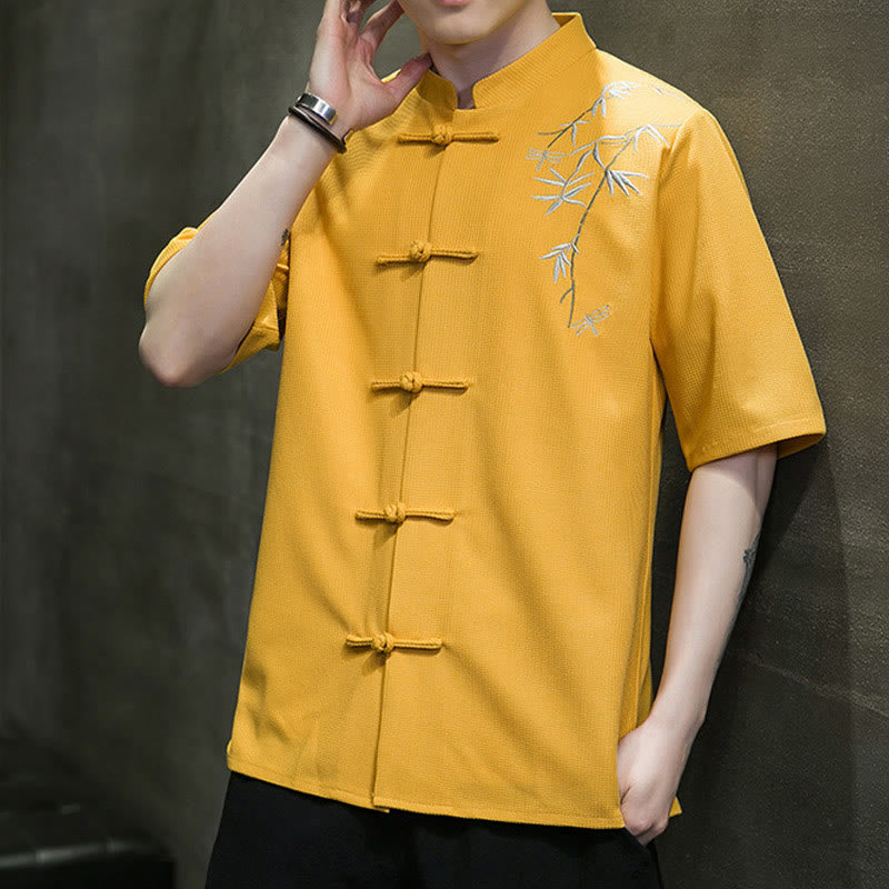 Frog-Button Leaf Dragonfly Embroidery Men's Short Sleeve Shirt