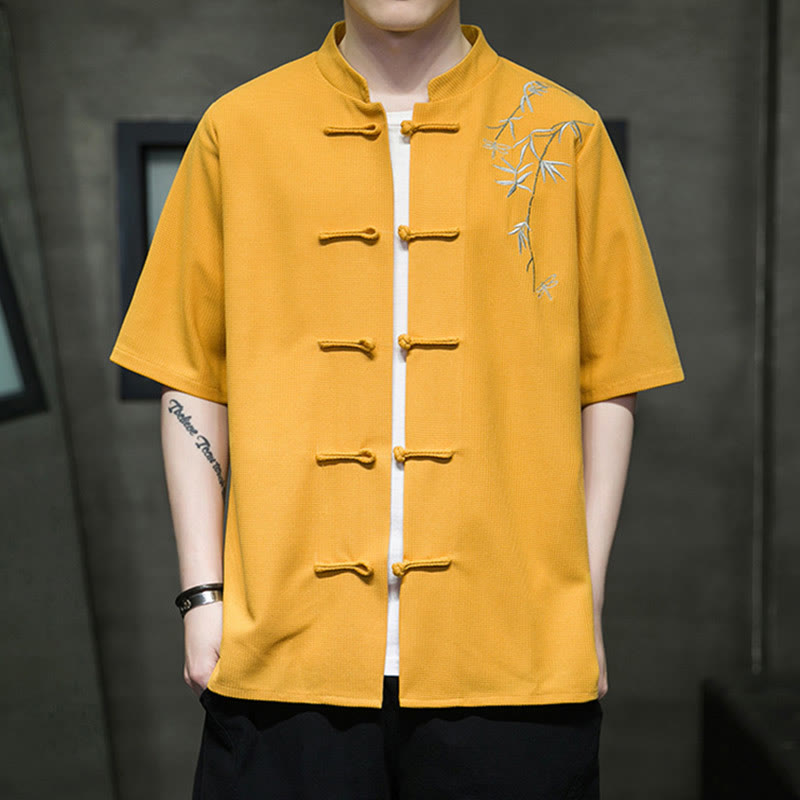 Frog-Button Leaf Dragonfly Embroidery Men's Short Sleeve Shirt