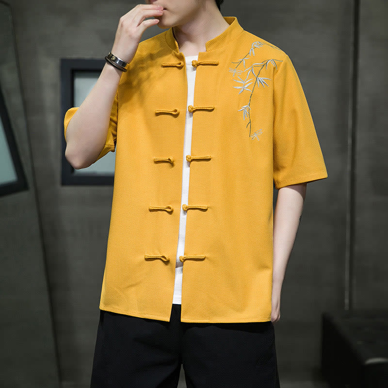 Frog-Button Leaf Dragonfly Embroidery Men's Short Sleeve Shirt