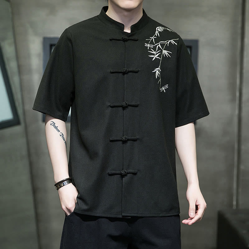 Frog-Button Leaf Dragonfly Embroidery Men's Short Sleeve Shirt