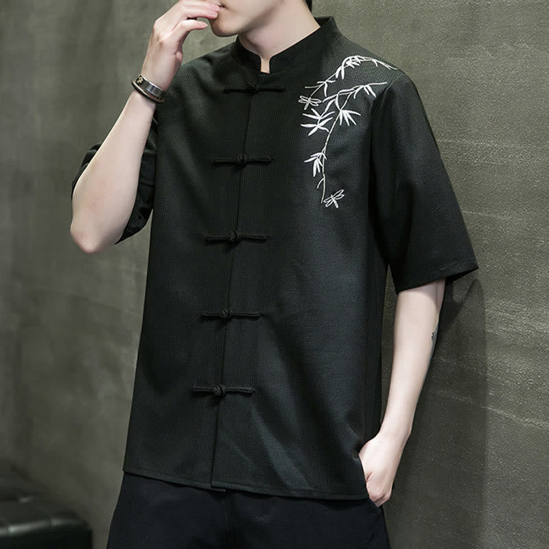 Frog-Button Leaf Dragonfly Embroidery Men's Short Sleeve Shirt