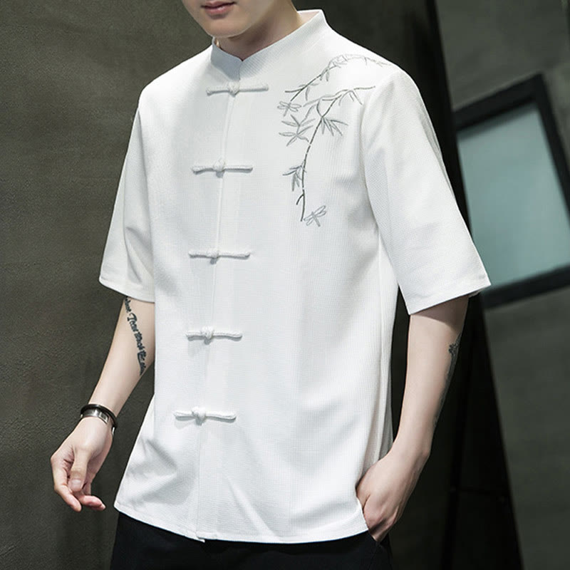 Frog-Button Leaf Dragonfly Embroidery Men's Short Sleeve Shirt