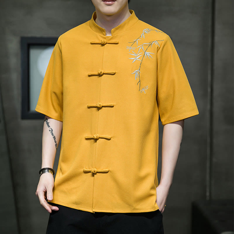 Frog-Button Leaf Dragonfly Embroidery Men's Short Sleeve Shirt