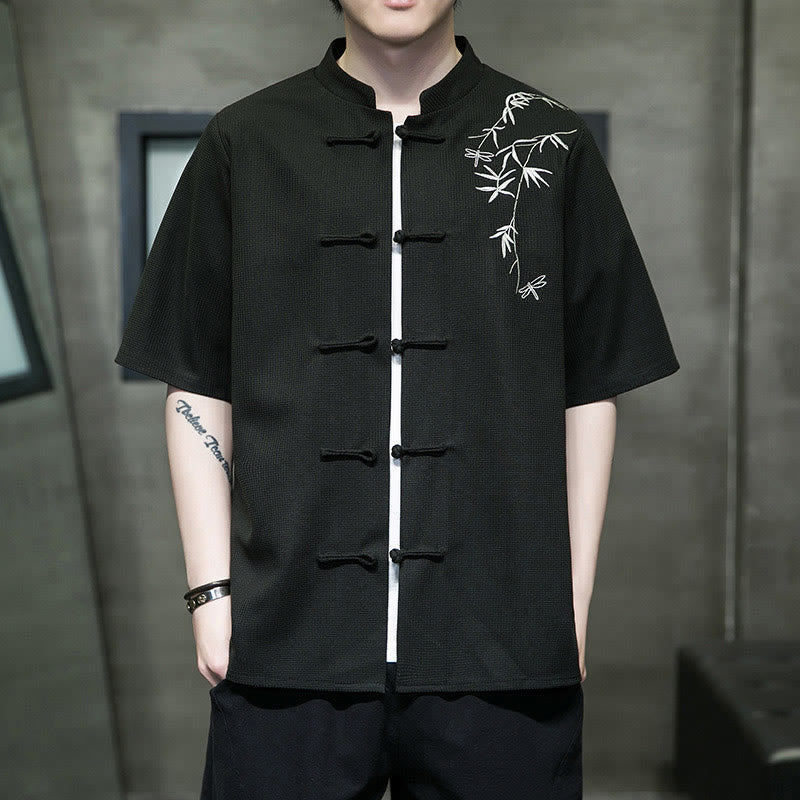 Frog-Button Leaf Dragonfly Embroidery Men's Short Sleeve Shirt