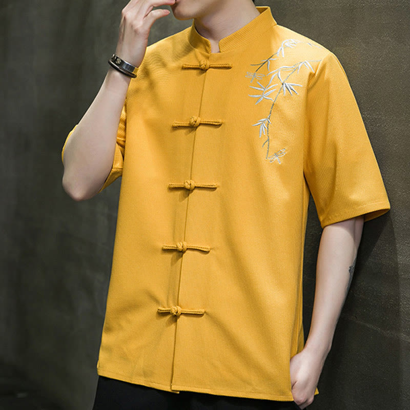 Frog-Button Leaf Dragonfly Embroidery Men's Short Sleeve Shirt