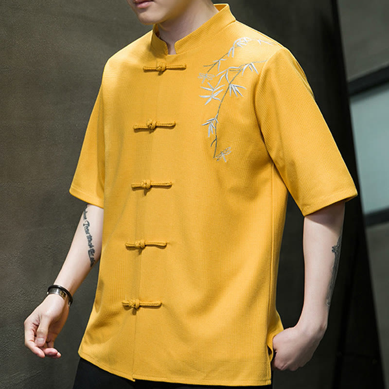Frog-Button Leaf Dragonfly Embroidery Men's Short Sleeve Shirt