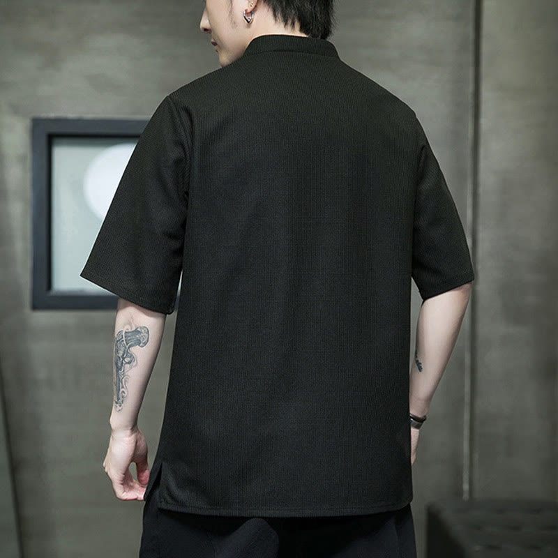 Frog-Button Leaf Dragonfly Embroidery Men's Short Sleeve Shirt