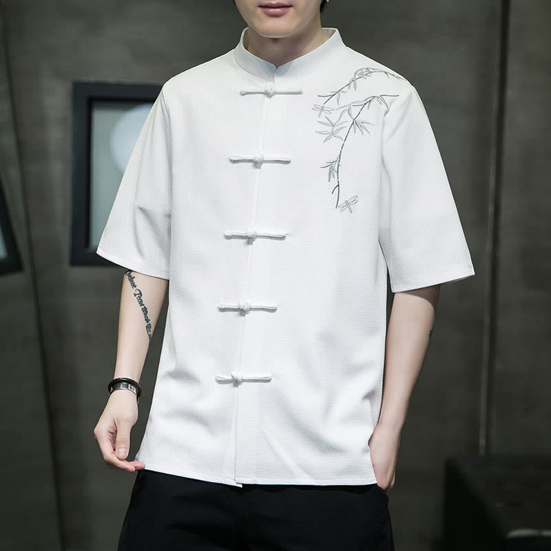 Frog-Button Leaf Dragonfly Embroidery Men's Short Sleeve Shirt