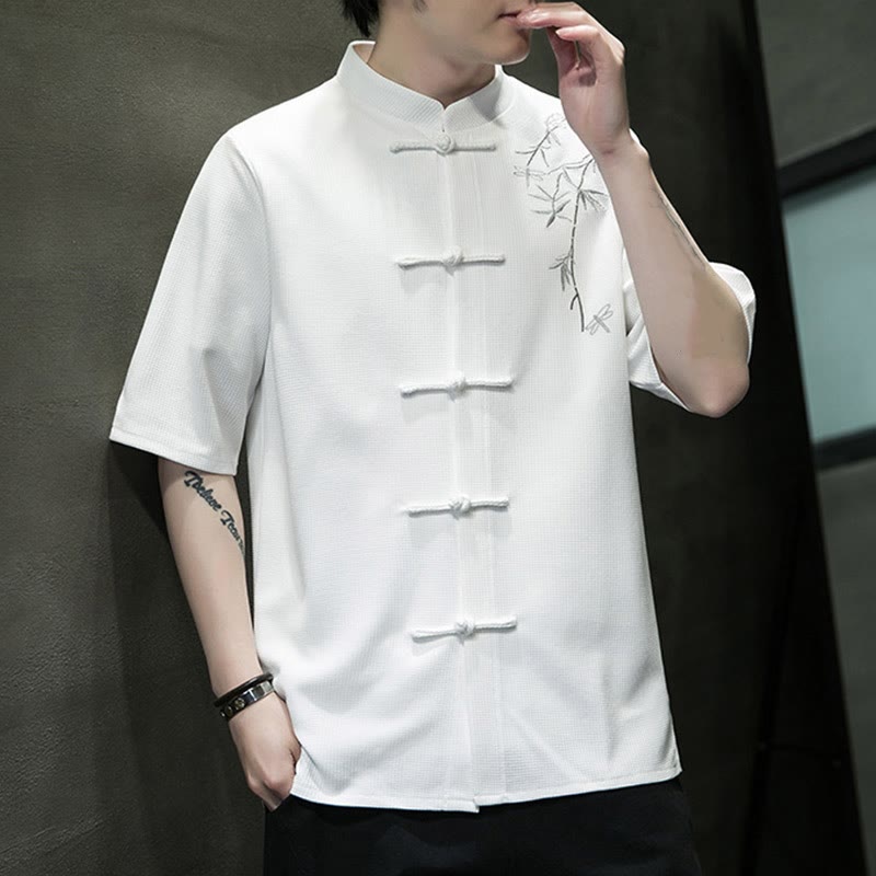 Frog-Button Leaf Dragonfly Embroidery Men's Short Sleeve Shirt