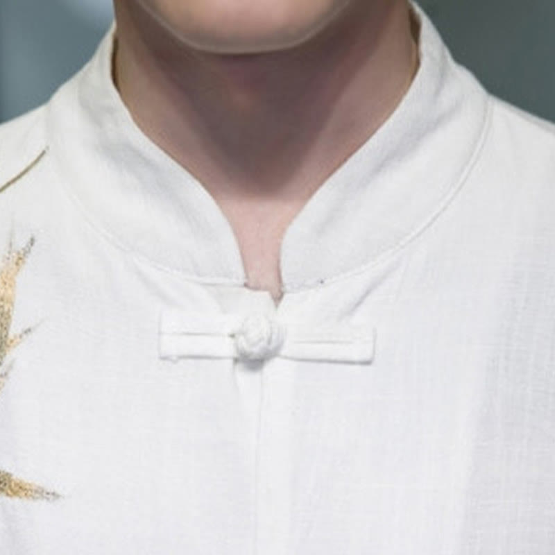 Cotton Linen Bamboo Embroidered Stand Collar Meditation Shirt