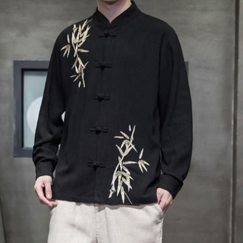 Cotton Linen Bamboo Embroidered Stand Collar Meditation Shirt