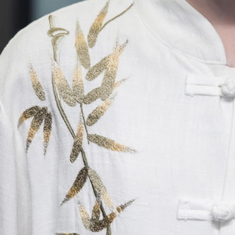 Cotton Linen Bamboo Embroidered Stand Collar Meditation Shirt
