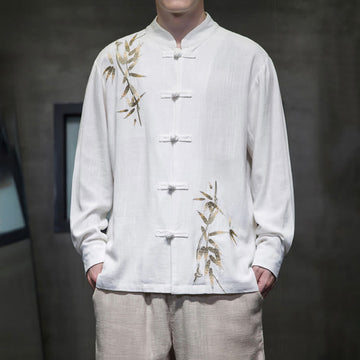 Cotton Linen Bamboo Embroidered Stand Collar Meditation Shirt