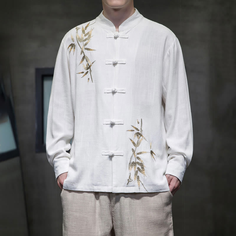 Cotton Linen Bamboo Embroidered Stand Collar Meditation Shirt