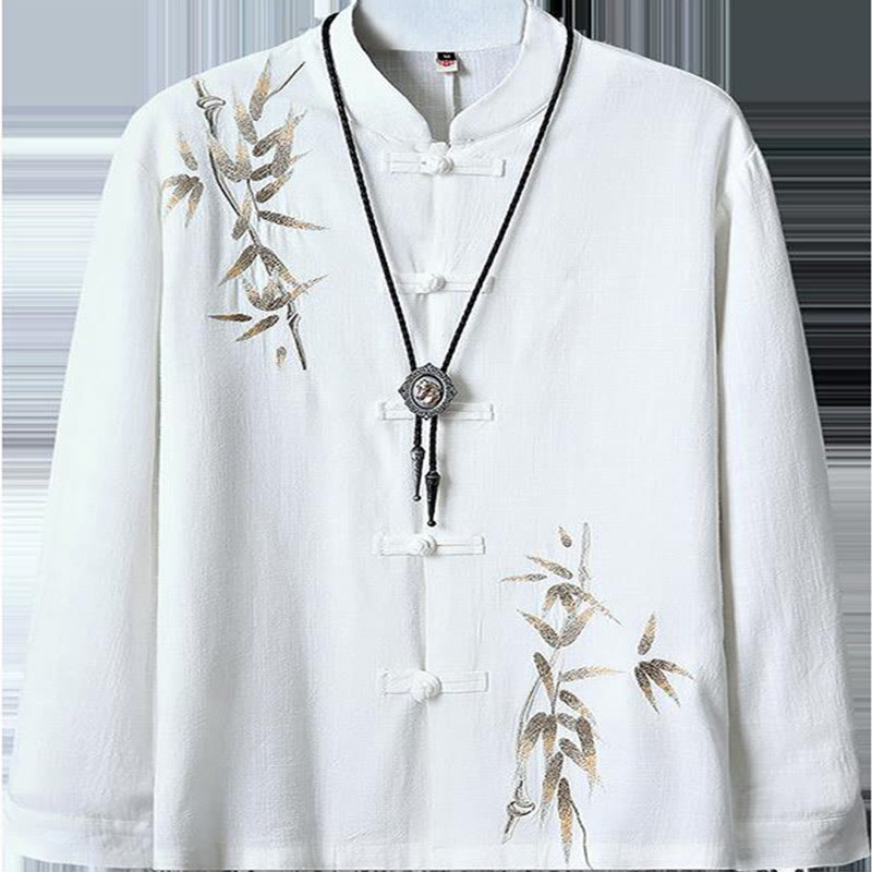 Cotton Linen Bamboo Embroidered Stand Collar Meditation Shirt
