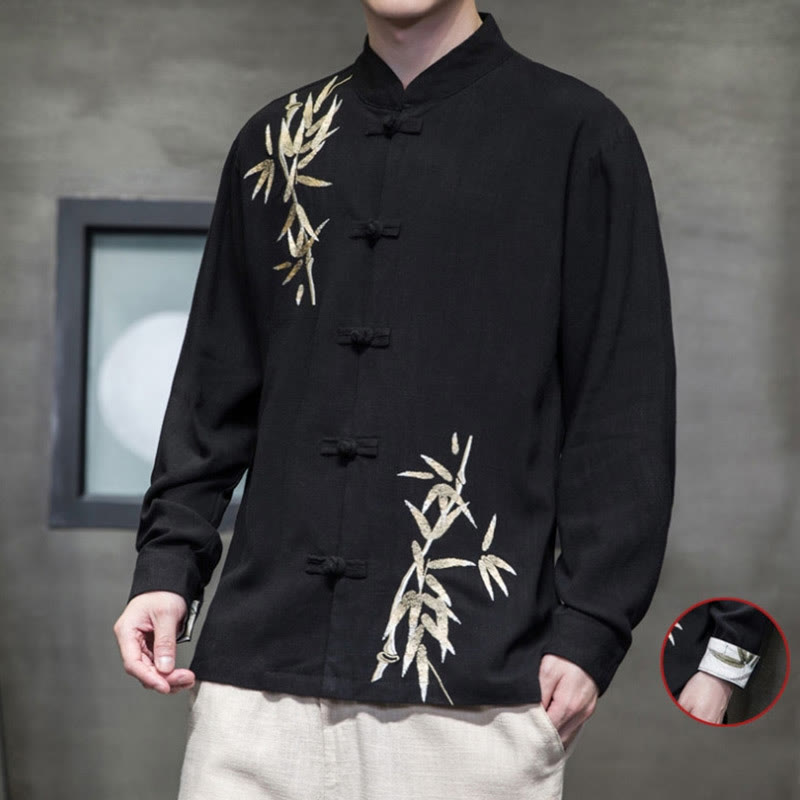Cotton Linen Bamboo Embroidered Stand Collar Meditation Shirt
