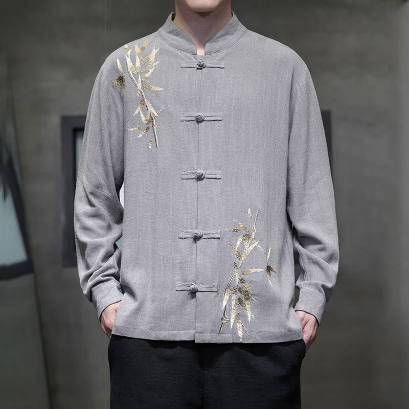 Cotton Linen Bamboo Embroidered Stand Collar Meditation Shirt