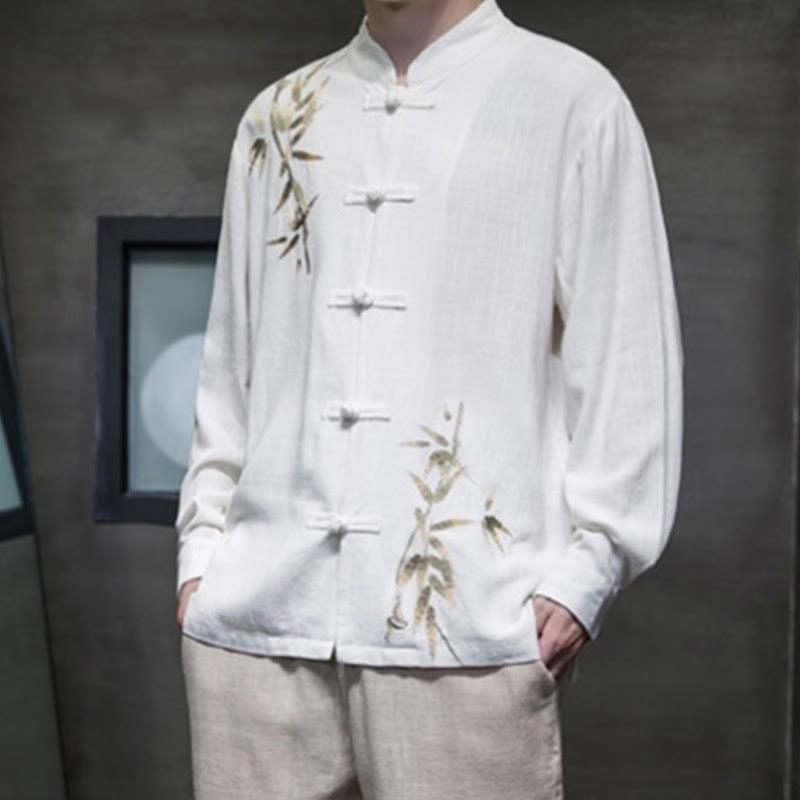 Cotton Linen Bamboo Embroidered Stand Collar Meditation Shirt