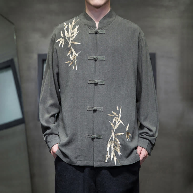 Cotton Linen Bamboo Embroidered Stand Collar Meditation Shirt