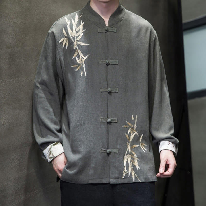 Cotton Linen Bamboo Embroidered Stand Collar Meditation Shirt