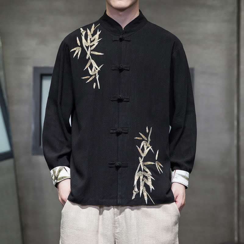 Cotton Linen Bamboo Embroidered Stand Collar Meditation Shirt