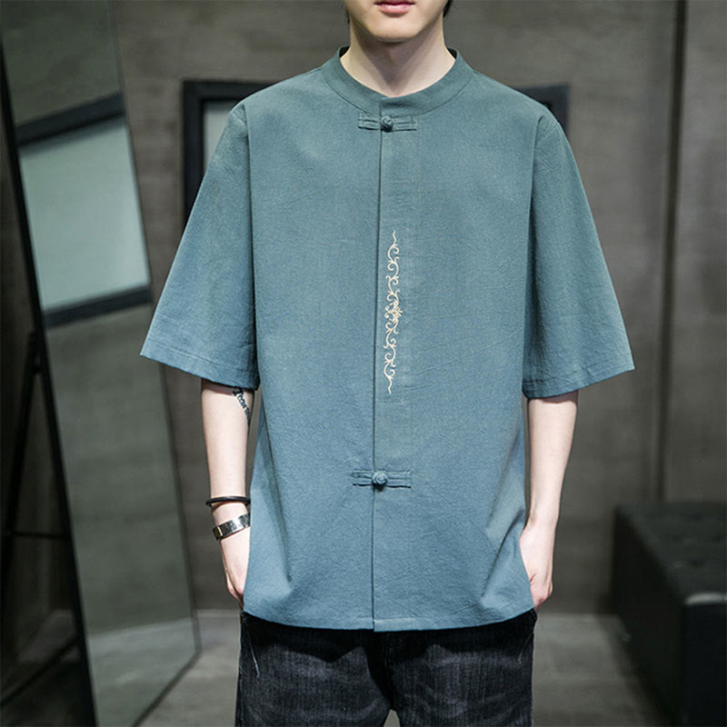Plain Color Frog-Button Embroidery Men's Half Sleeve Cotton Shirt
