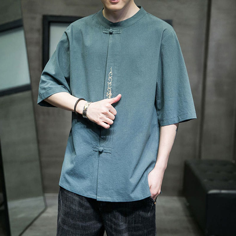 Plain Color Frog-Button Embroidery Men's Half Sleeve Cotton Shirt