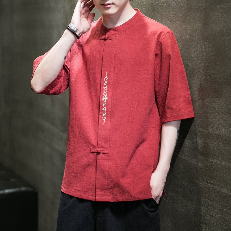 Plain Color Frog-Button Embroidery Men's Half Sleeve Cotton Shirt