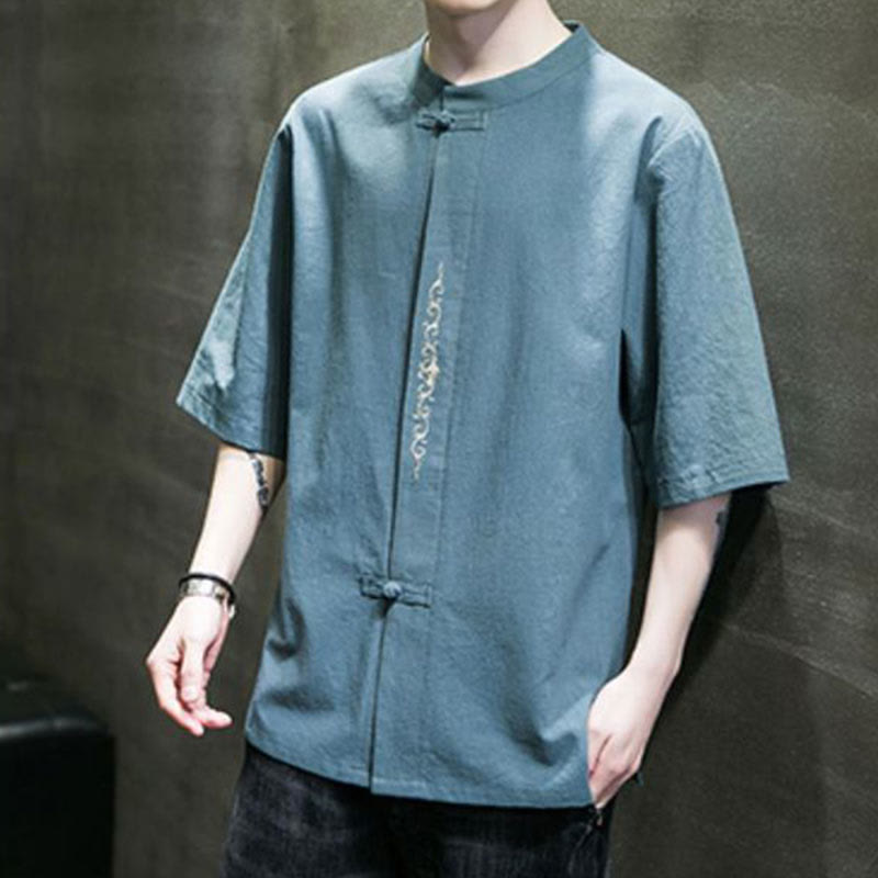 Plain Color Frog-Button Embroidery Men's Half Sleeve Cotton Shirt