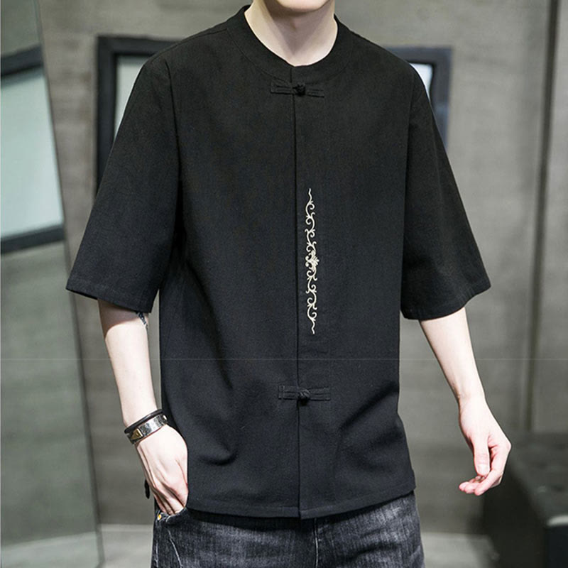 Plain Color Frog-Button Embroidery Men's Half Sleeve Cotton Shirt