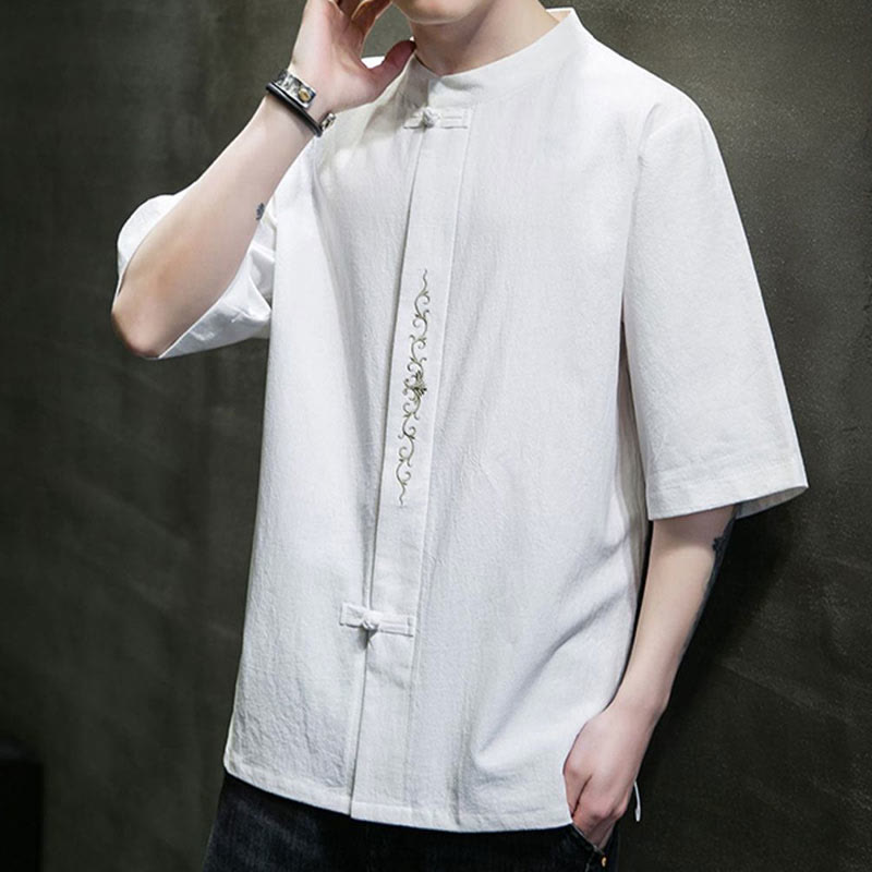 Plain Color Frog-Button Embroidery Men's Half Sleeve Cotton Shirt