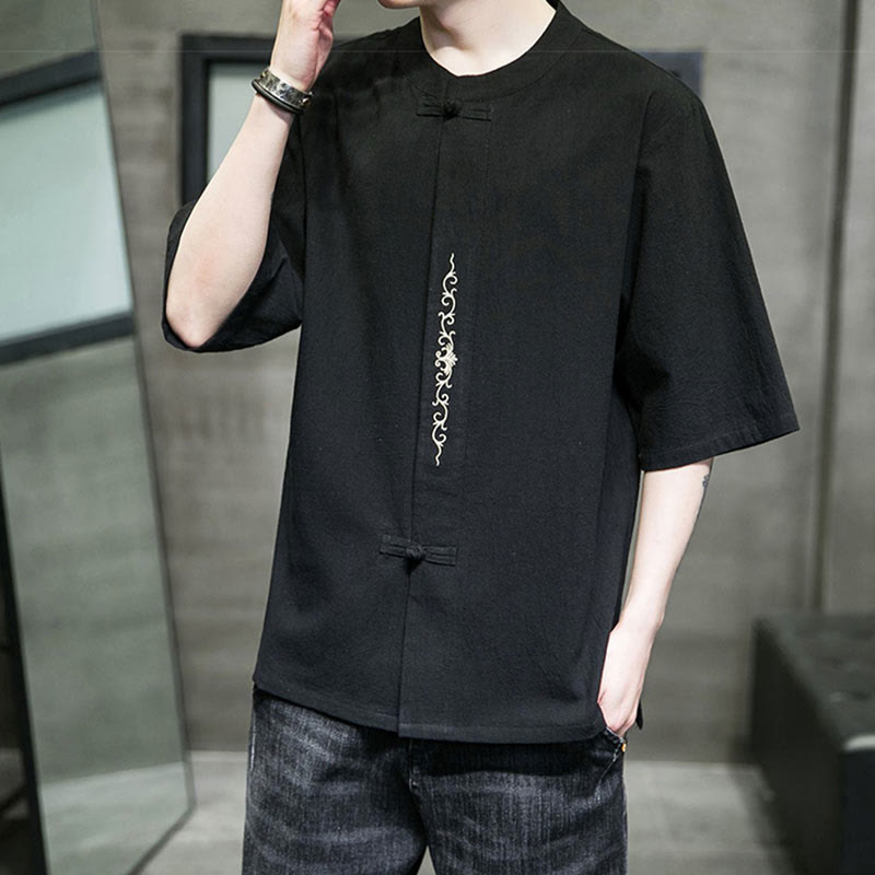 Plain Color Frog-Button Embroidery Men's Half Sleeve Cotton Shirt