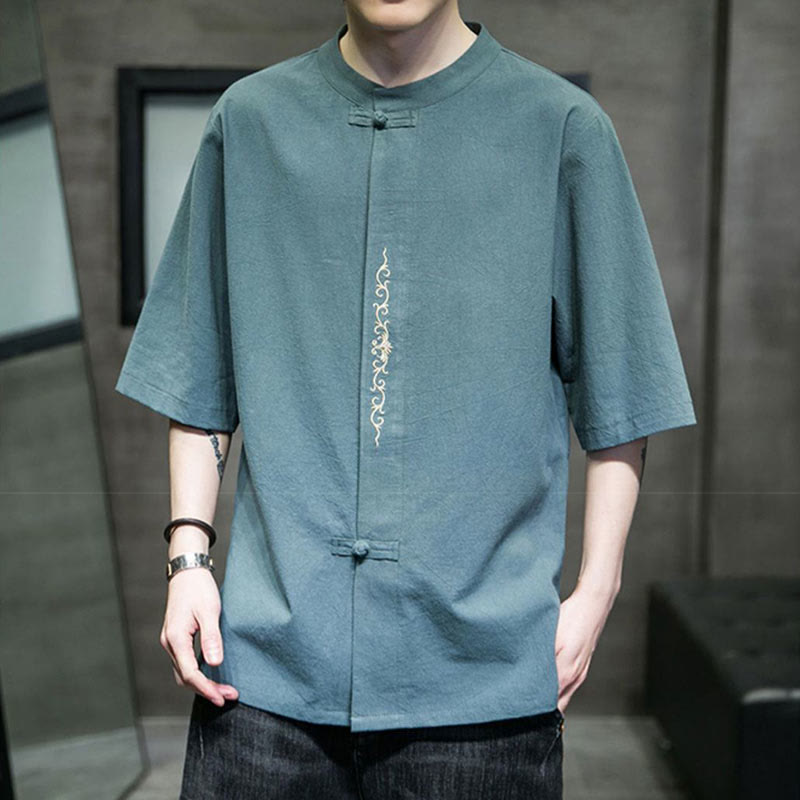 Plain Color Frog-Button Embroidery Men's Half Sleeve Cotton Shirt