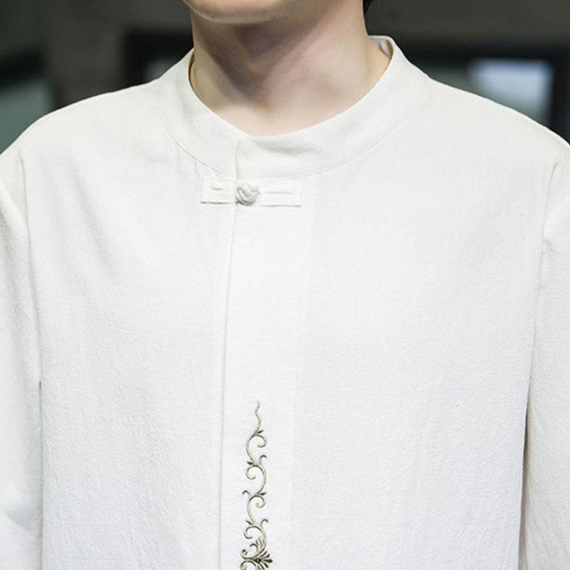 Plain Color Frog-Button Embroidery Men's Half Sleeve Cotton Shirt