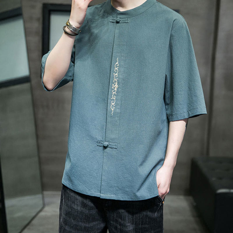 Plain Color Frog-Button Embroidery Men's Half Sleeve Cotton Shirt