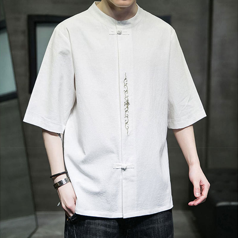 Plain Color Frog-Button Embroidery Men's Half Sleeve Cotton Shirt