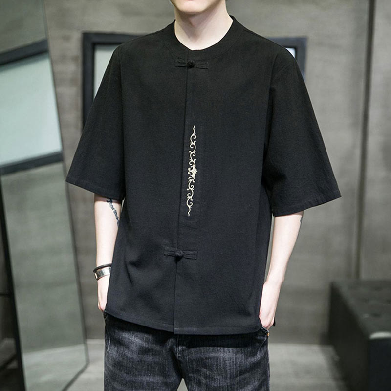 Plain Color Frog-Button Embroidery Men's Half Sleeve Cotton Shirt
