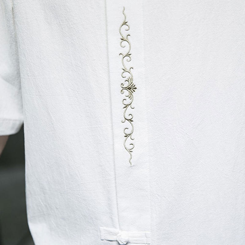 Plain Color Frog-Button Embroidery Men's Half Sleeve Cotton Shirt