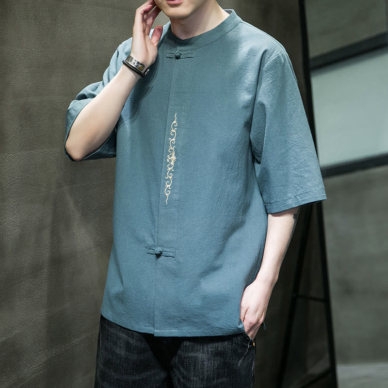 Plain Color Frog-Button Embroidery Men's Half Sleeve Cotton Shirt